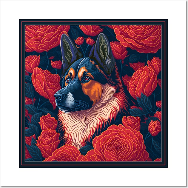 Dogs, shepherd dog and flowers, dog, seamless print, style vector (Black & red version shepherd dog) Wall Art by xlhombat